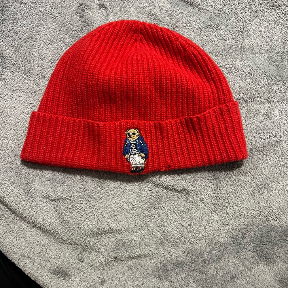 Red Ralph Lauren, and beanie